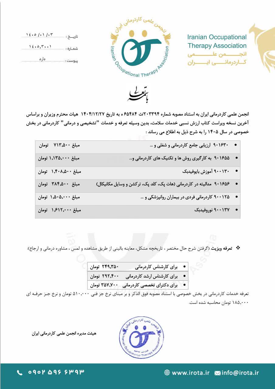 تعرفه و هزینه کاردرمانی سال 1405